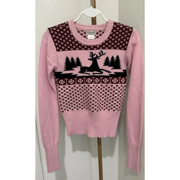 GUESS Women's Small Pink Vintage Christmas Sequin Reindeer Sweater Knit Cotton - Picture 1 of 5
